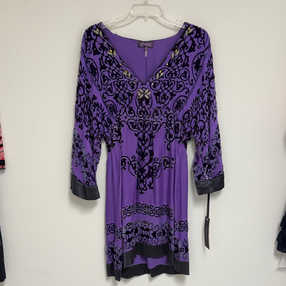 Purple Printed V-Neck Women's Dress